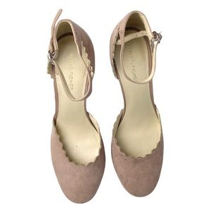 Marc Fisher Sahar Nude Blush Pink D’Orsay Scalloped Ankle Strap Suede Heels 8.5M